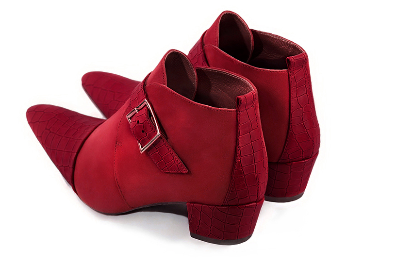 Cardinal red women's ankle boots with buckles at the front. Tapered toe. Low cone heels. Rear view - Florence KOOIJMAN